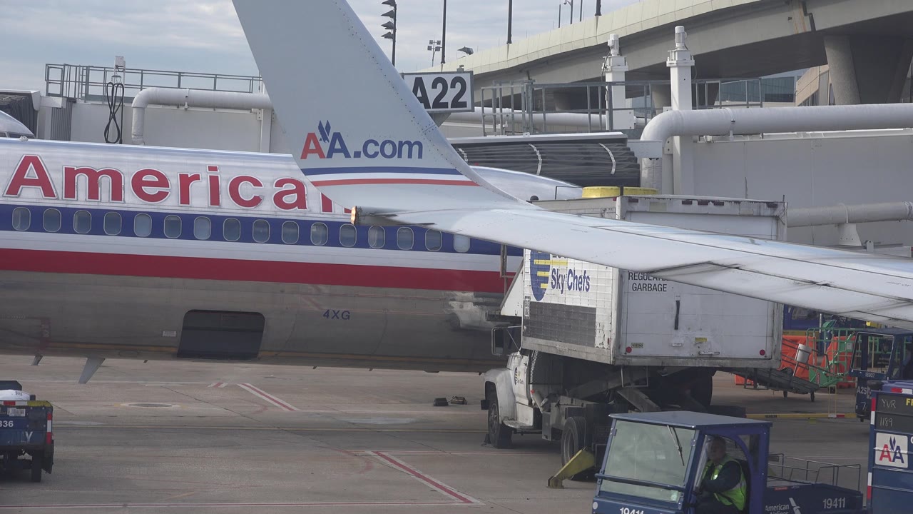 A broadside view of the American Airlines aircraft in Playa Del Carmen, Mexico shows the wing, tail, cargo loader, apron, and terminal gate structure, with no clearly visible people.