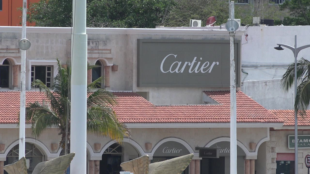 Cartier storefront facade behind waterfront poles and palm fronds.