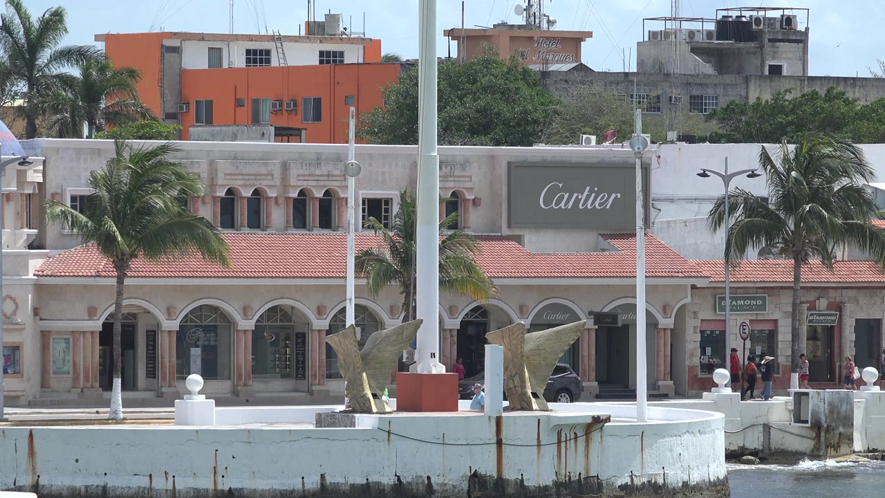 Waterfront buildings behind a white seawall with palm trees and Cartier signage.