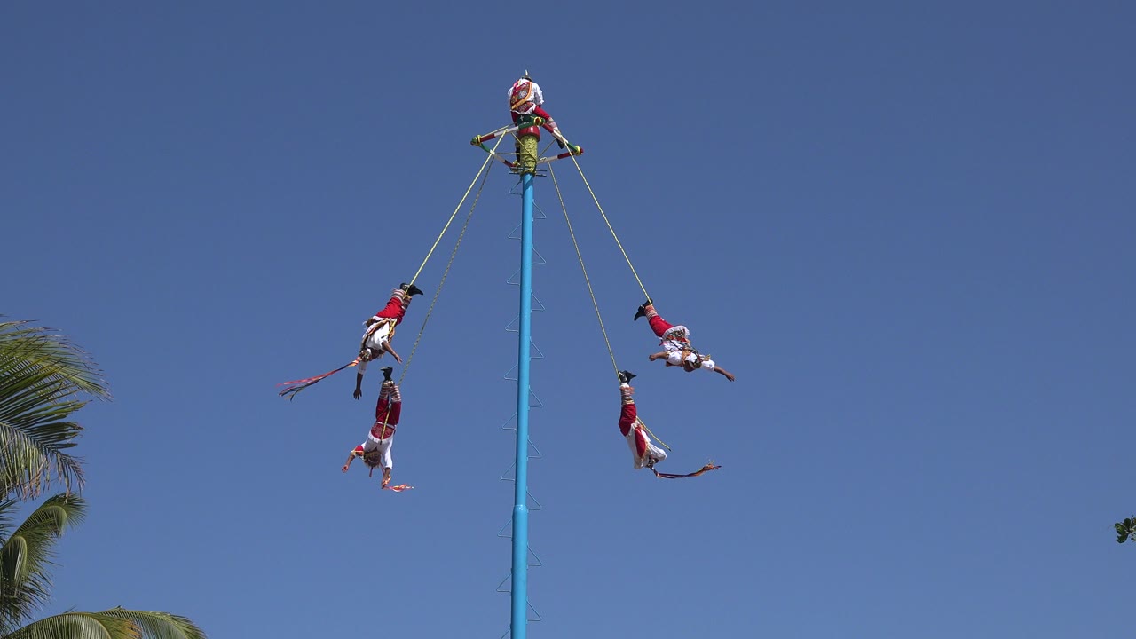 In Playa del Carmen, Mexico, people in red and white clothing hang from ropes around a tall blue pole, with palm fronds at the lower left edge.