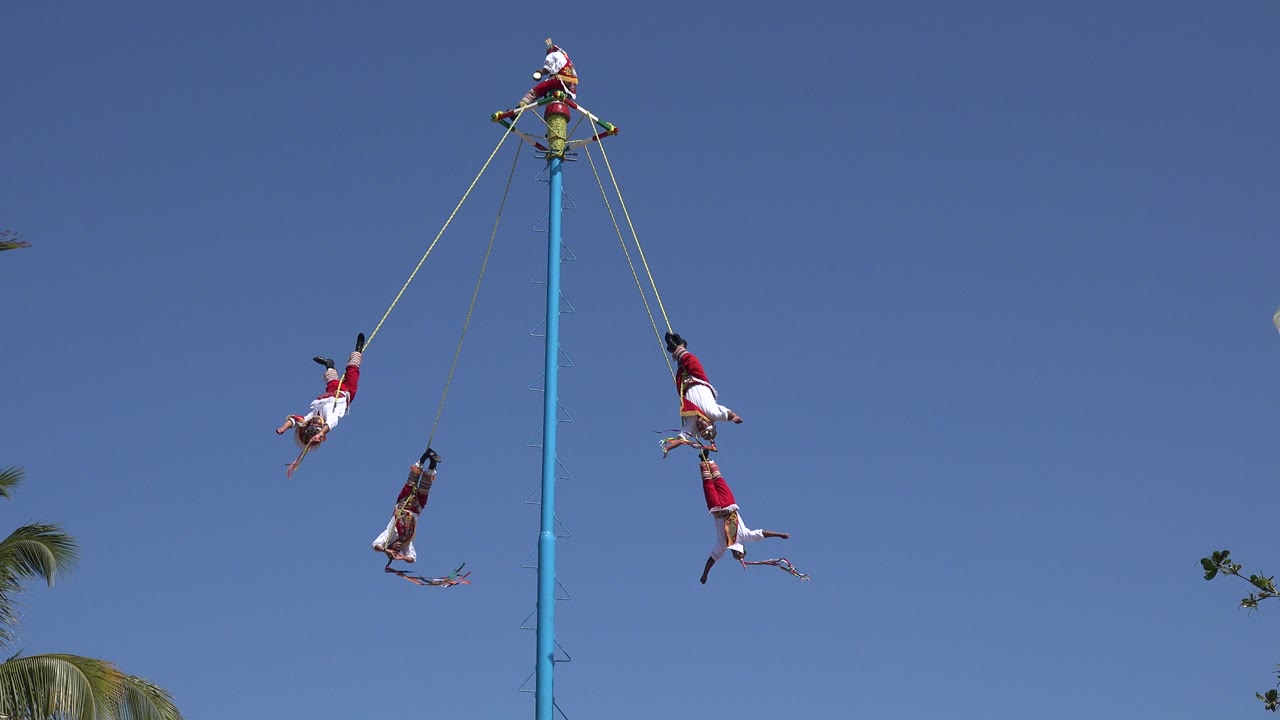 Performers suspended from ropes around a tall blue pole in a clear sky.