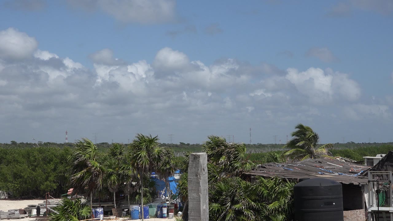 Second frame in Playa Del Carmen, Mexico, with palms clustered around low roof structures, a dark water tank in front, and no visible people.