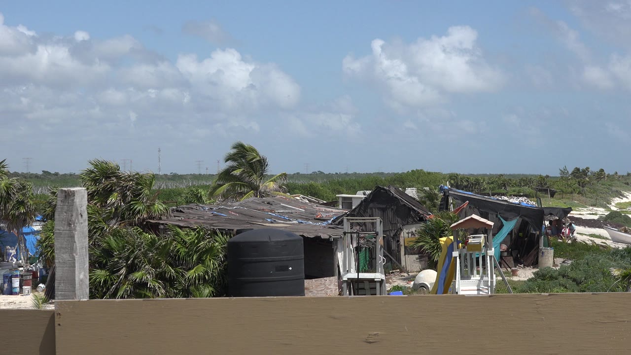 Coastal houses, palms, railing, beach, and ocean under a bright sky.