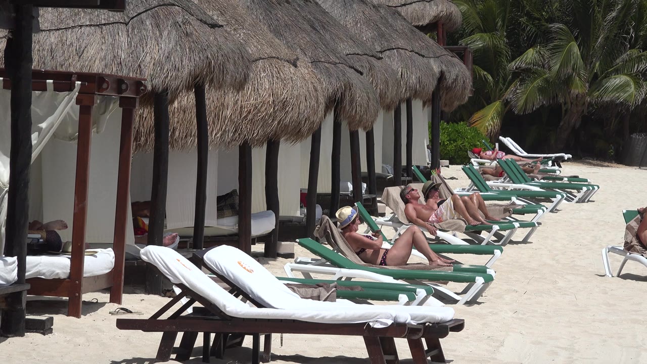 A diagonal row of lounge chairs in Playa del Carmen holds adults resting under strong sun, with palapa roofing and palms behind them.