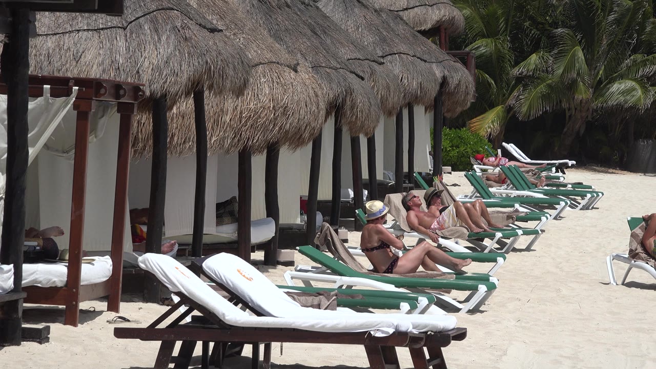 Sunbathers on lounge chairs with palms and thatched roofs in the background.