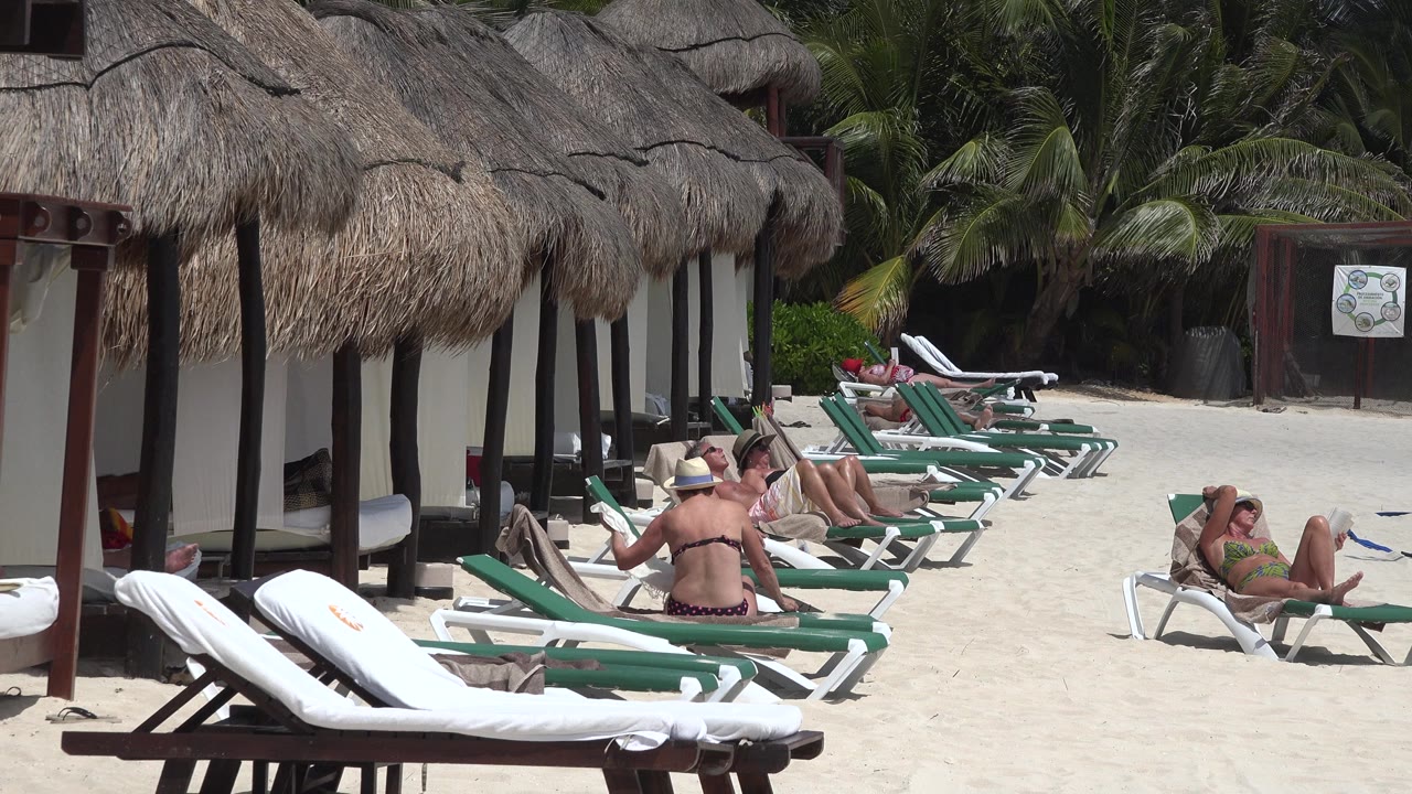 Vacationers sunbathe on green-and-white lounge chairs beside thatched shade structures in Playa del Carmen, Mexico, with palms and bright sand behind them.
