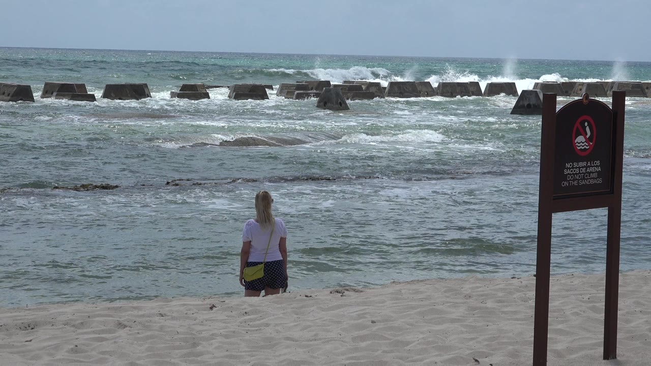 Woman facing ocean waves beside a beach warning sign.