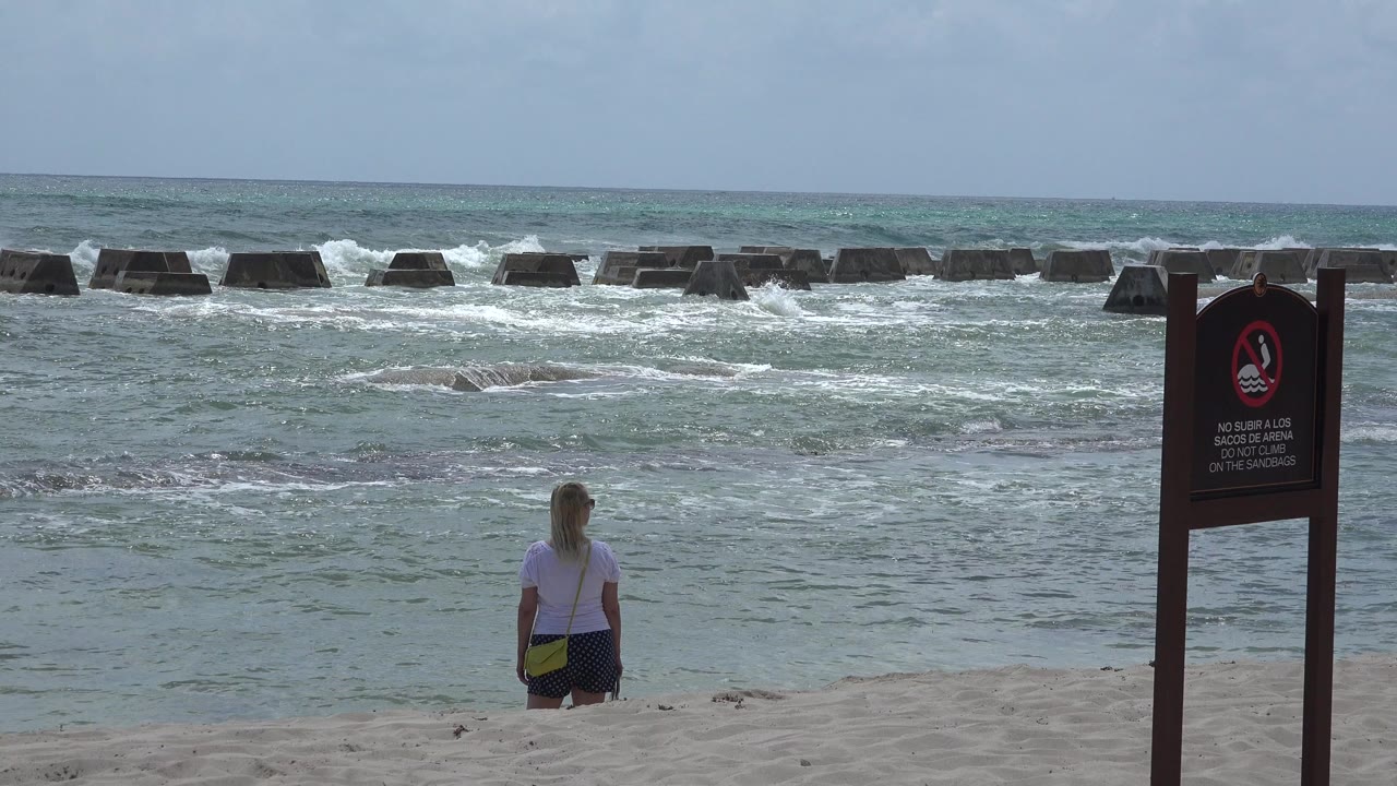 Blonde woman with yellow bag facing waves beside a beach warning sign.
