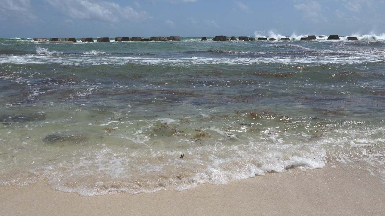 Small blue-green waves reach the pale Playa del Carmen shoreline under bright daylight, with dark breakwater blocks on the horizon and no visible people.