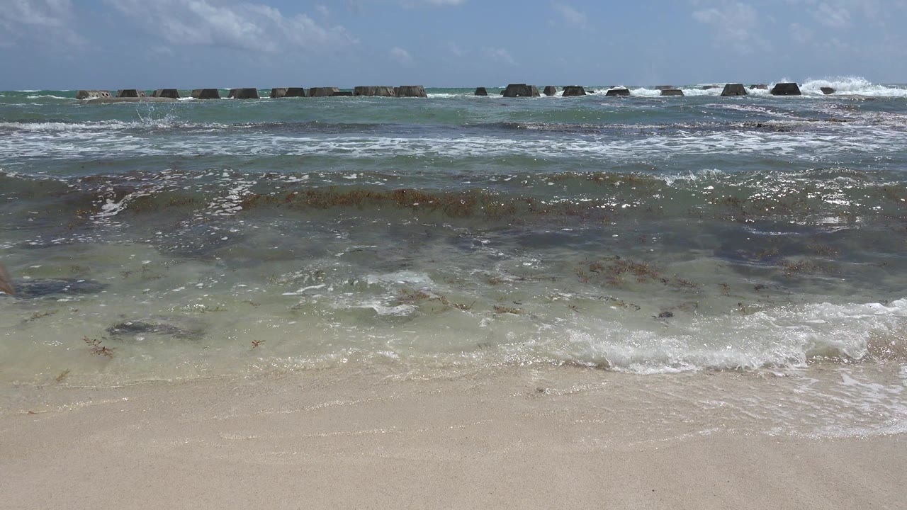 Sunlit shallow surf crosses a sandy beach with breakwater blocks offshore.