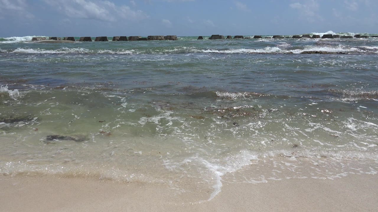 Playa del Carmen shoreline with pale sand in the foreground, green-blue surf rolling in, dark rocks near the horizon, and no visible people.
