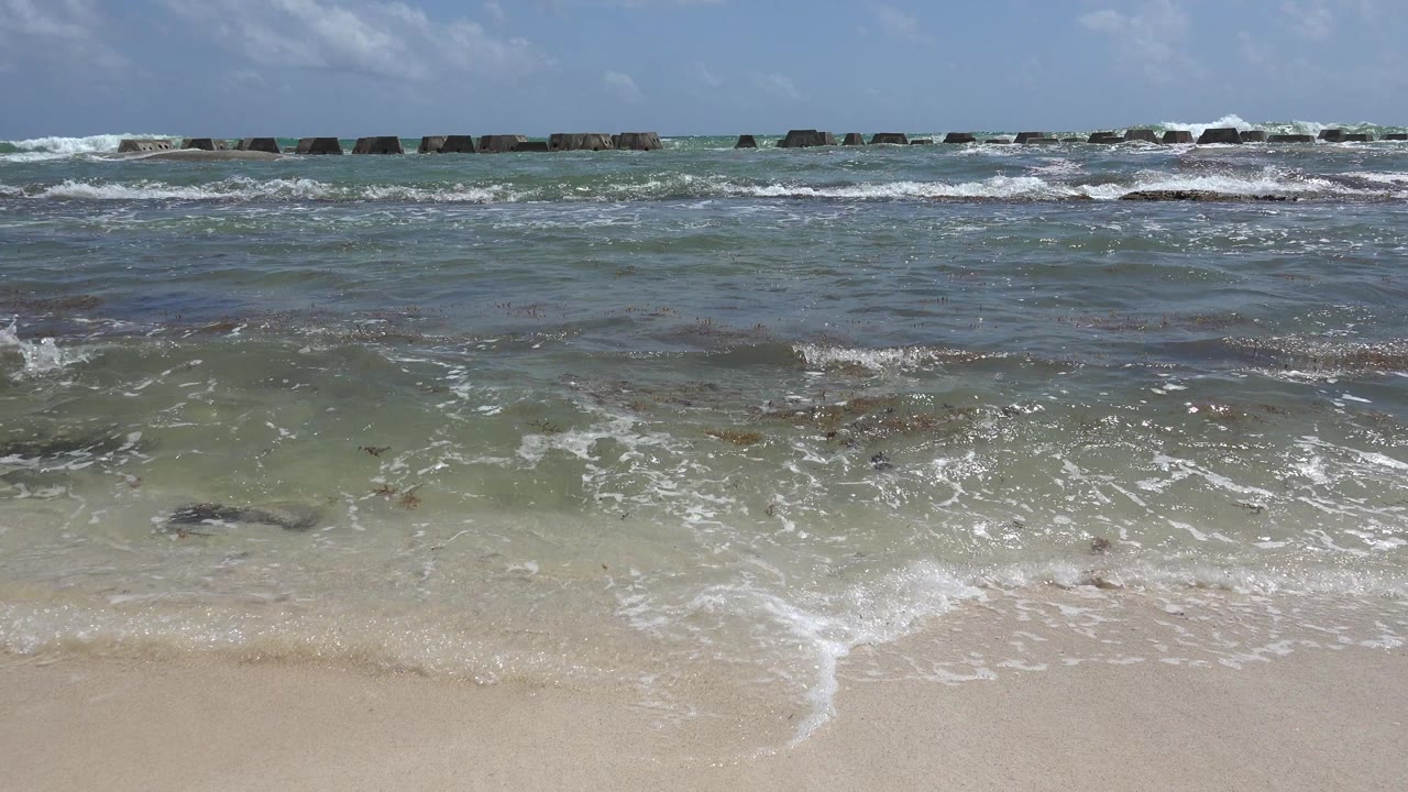 Playa del Carmen surf spreads thin white foam over shallow water and sand, with a dark offshore rock line and no visible people.