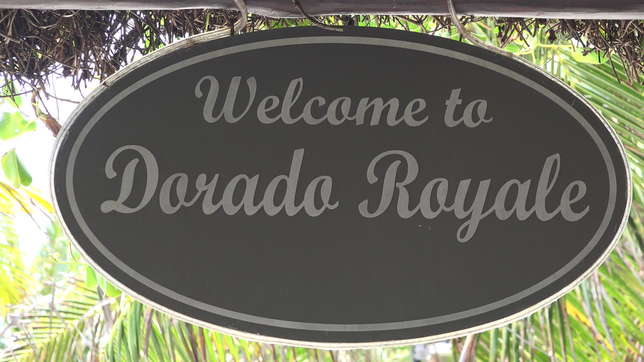 Large Dorado Royale sign with high-key tropical foliage in the background.