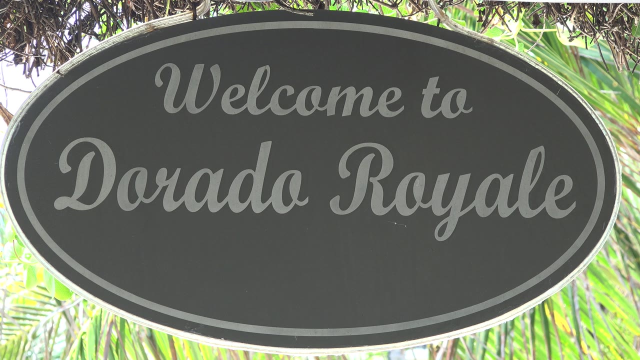 The oval Dorado Royale welcome sign remains large in frame, with pale script lettering against a dark face and green palm leaves visible around the edges, no visible people.