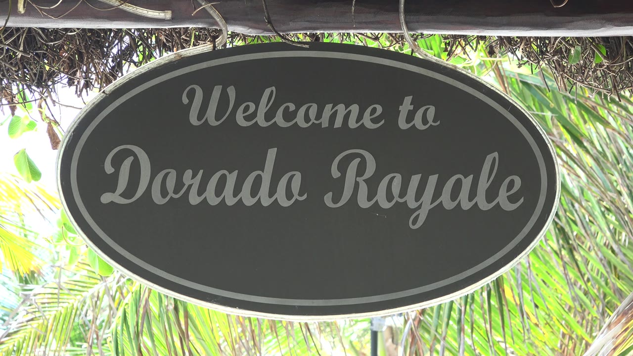 Close view of a Dorado Royale welcome sign under a thatched roof.