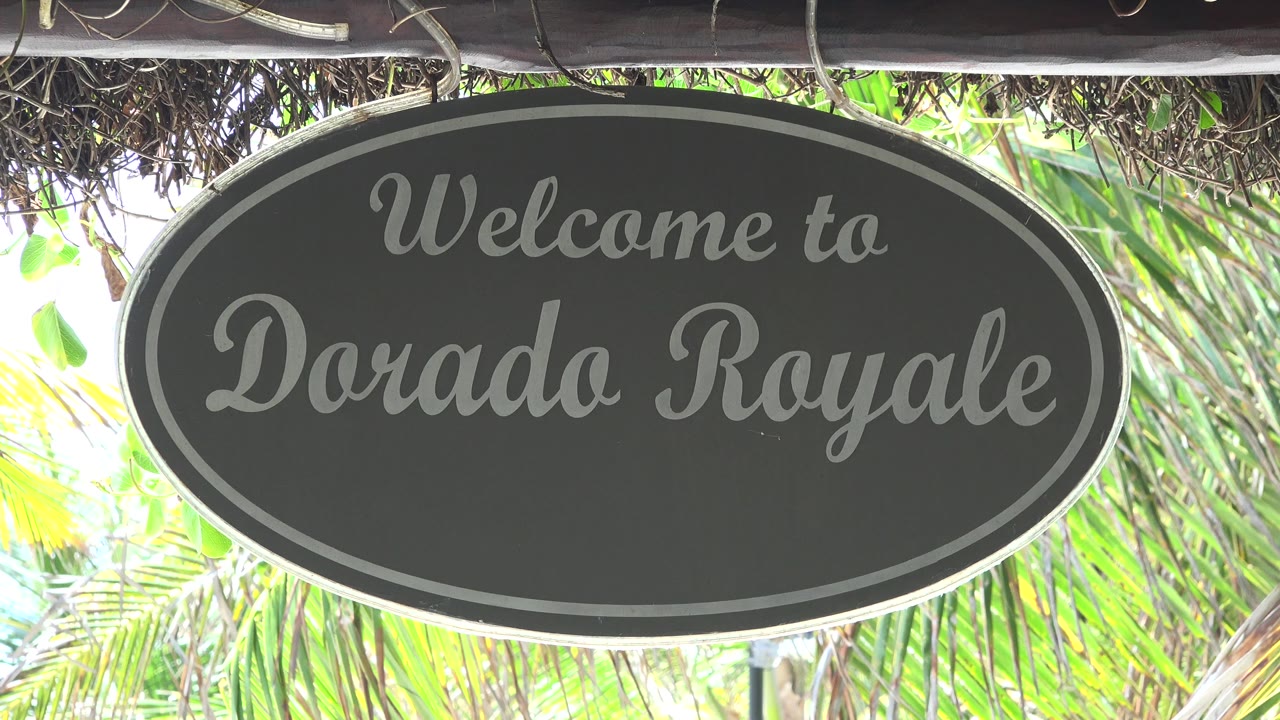Second Playa del Carmen frame holds the oval Dorado Royale welcome sign large in the image, with shaded roof material above and sunlit palms behind it, no visible people.