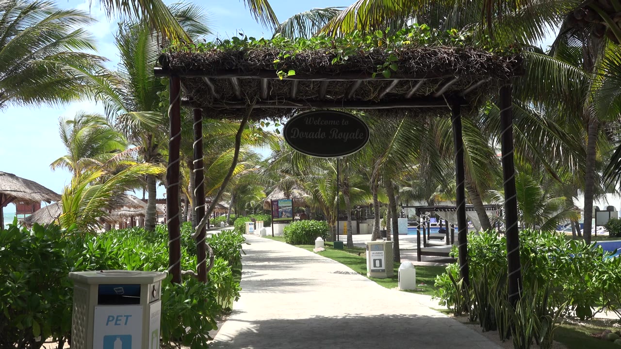 Early frame of the Playa del Carmen resort walkway, with the arch centered over the path, palms casting shade, ocean color at left, and no visible people.
