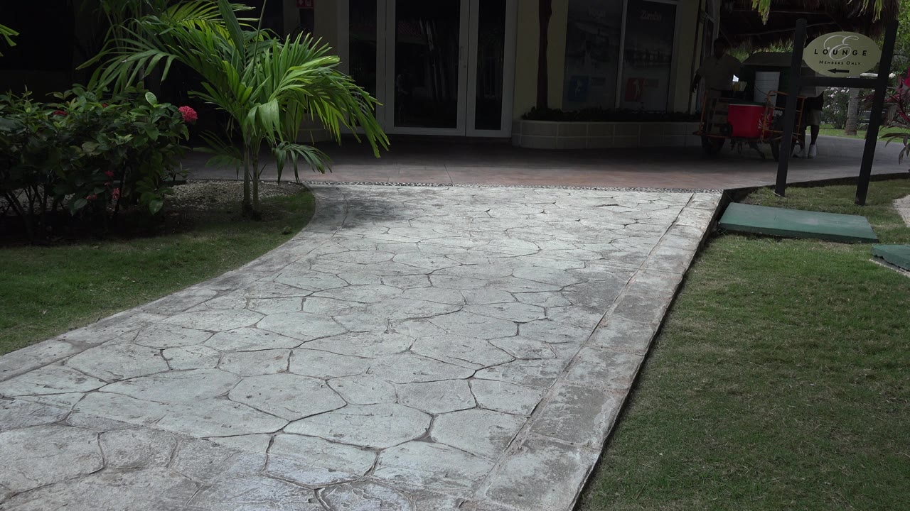 Stone walkway beside palms and a thatched-roof building with no visible people.