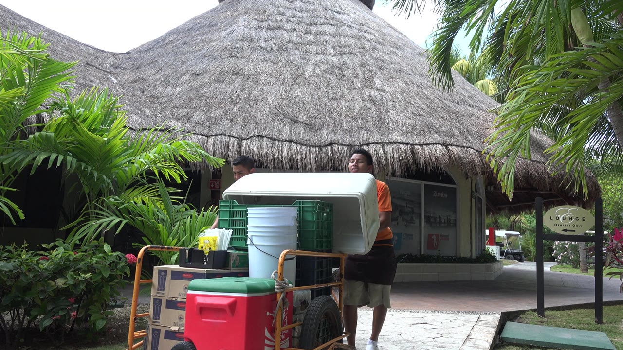 Cart loaded with resort supplies passes near tropical landscaping.
