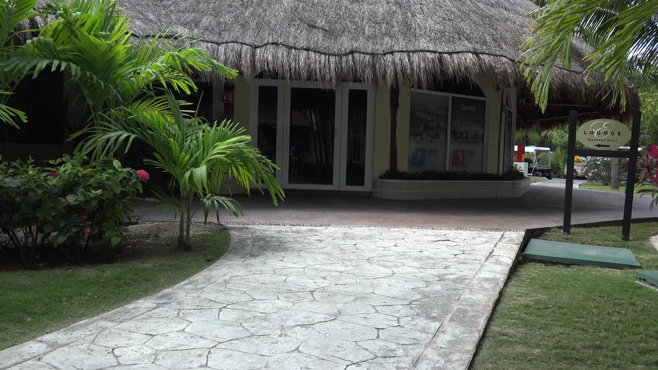 Thatched hut entrance behind palms and a pale walkway.