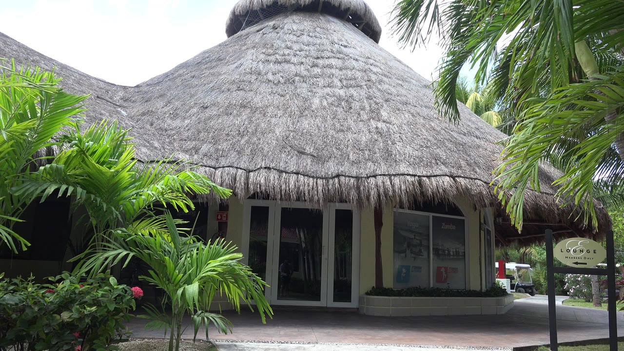 Thatched resort roof framed by palm trees and a small sign.
