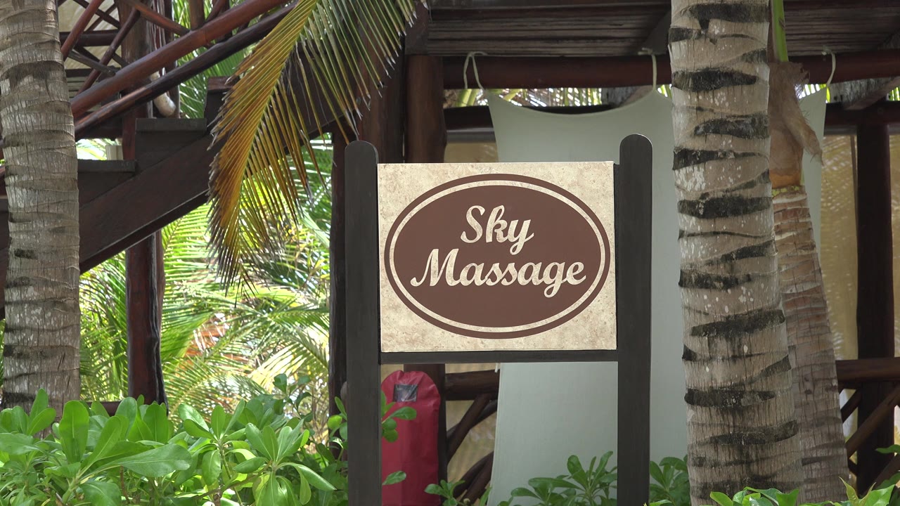 Sky Massage sign framed by palm trunks, green shrubs, wood stairs, and resort structures in Playa del Carmen, Mexico, with no visible people.