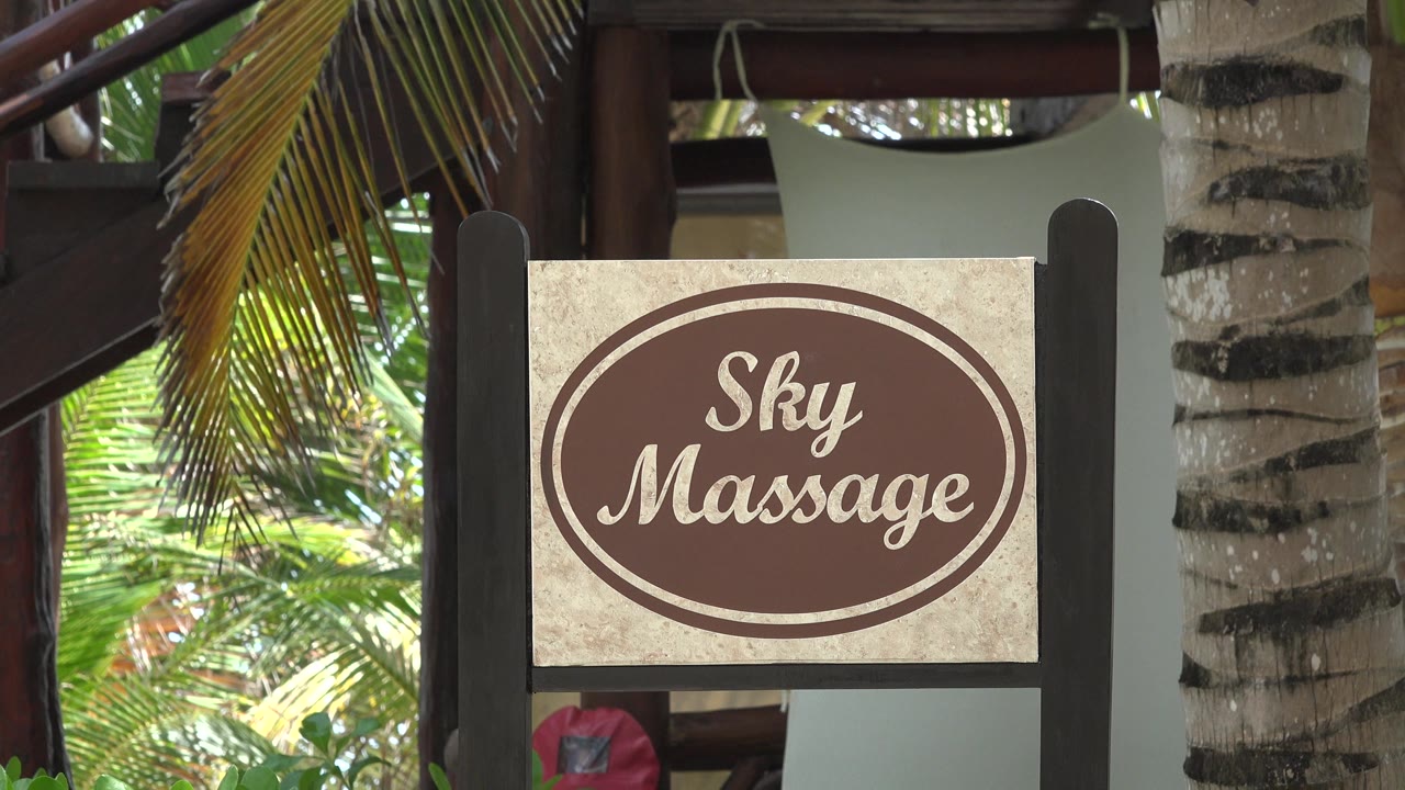 Close view of a Sky Massage sign at a Playa del Carmen resort exterior, with palm fronds, a striped palm trunk, dark railings, and no visible people.