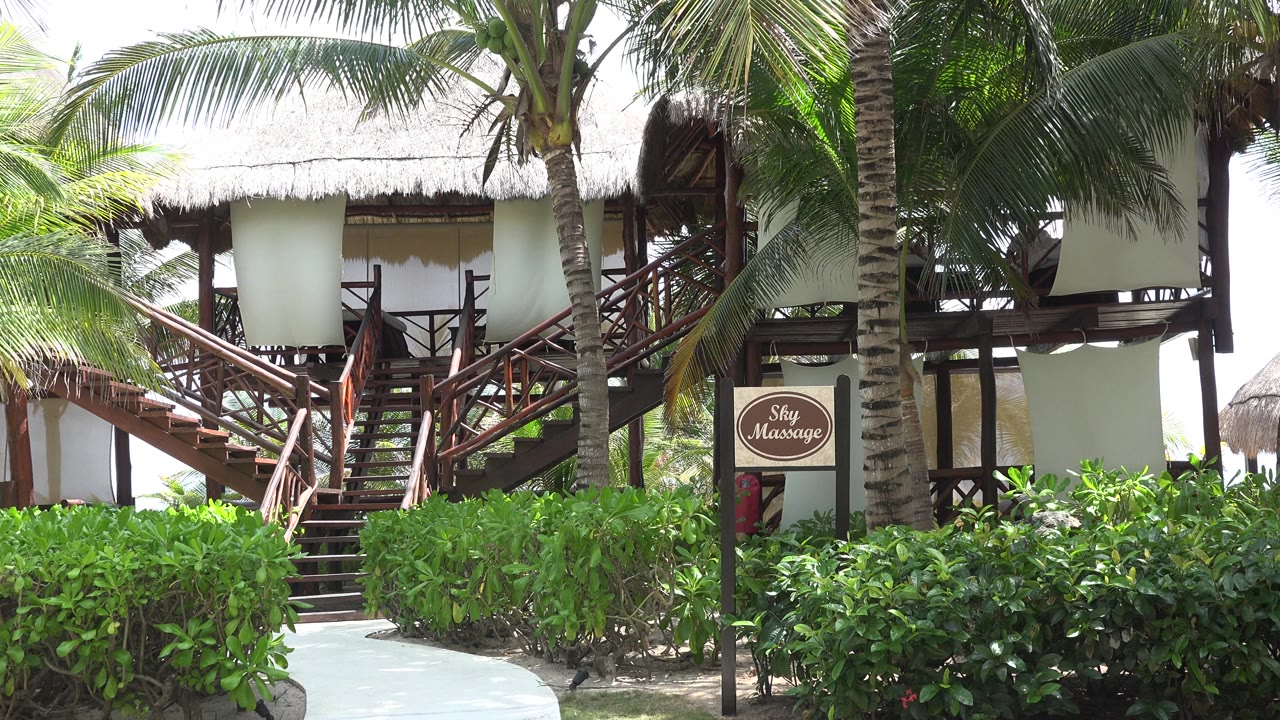 Curved resort walkway leading past hedges to thatched buildings and palms.