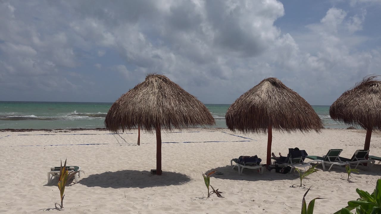 Palapa umbrellas and empty loungers on a bright beach with waves behind them