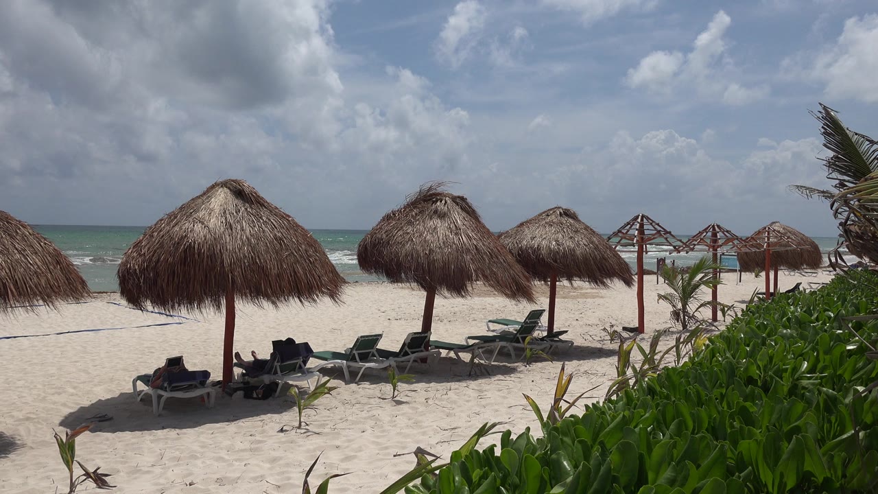 Palapa umbrellas and lounge chairs on a sandy beach beside turquoise water.