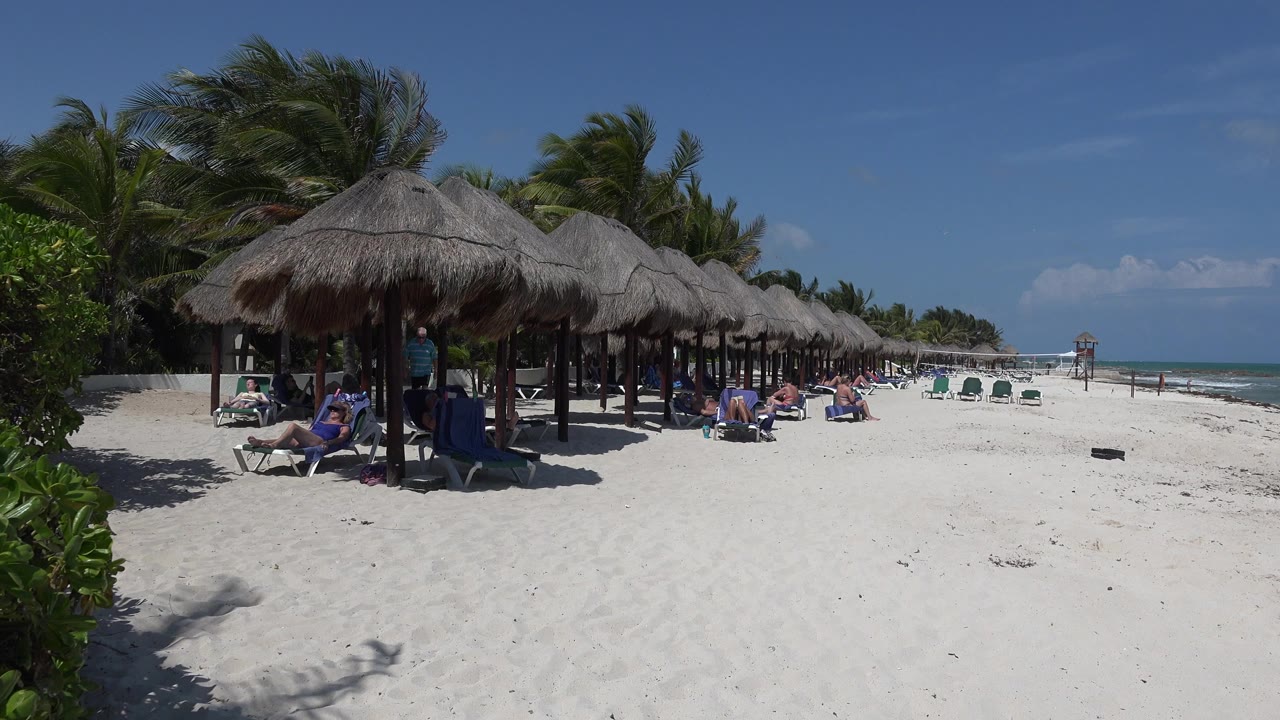 Opening frame of Playa Del Carmen beach cabanas on white sand, with palm trees to the left, ocean to the right, lounge chairs, and visible beachgoers under bright sun.