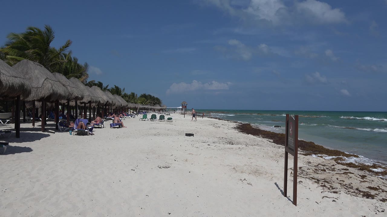 White sand beach with turquoise water, seaweed, shade huts, and distant beachgoers.