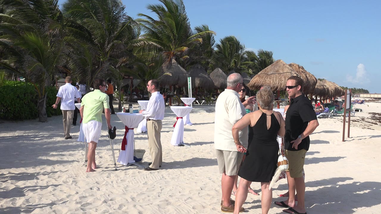 Adults talking on a sandy beach near cocktail tables and palm trees.