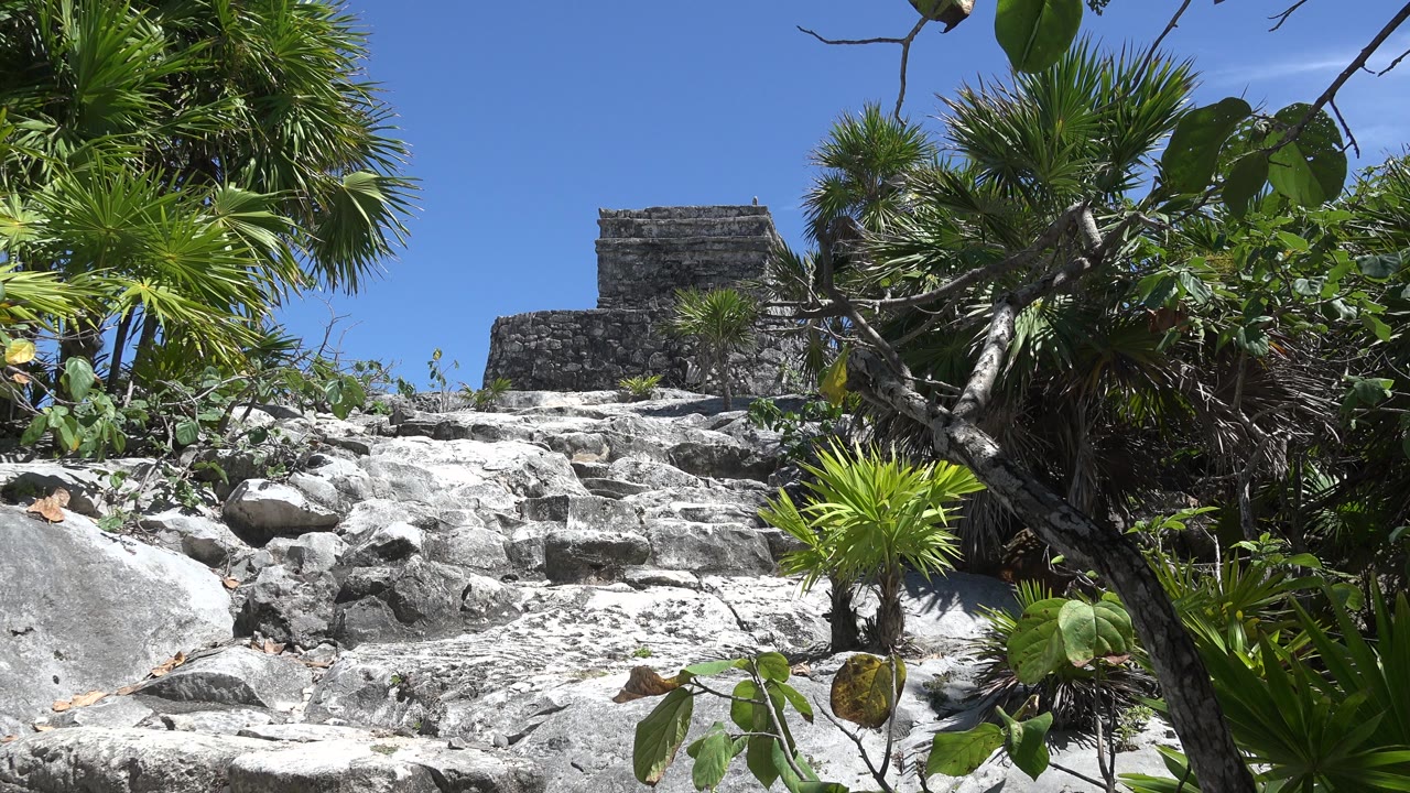 Tulum, Mexico rocky path fills the foreground while a small stone structure sits high in the background between palms and leafy branches, with no visible people.
