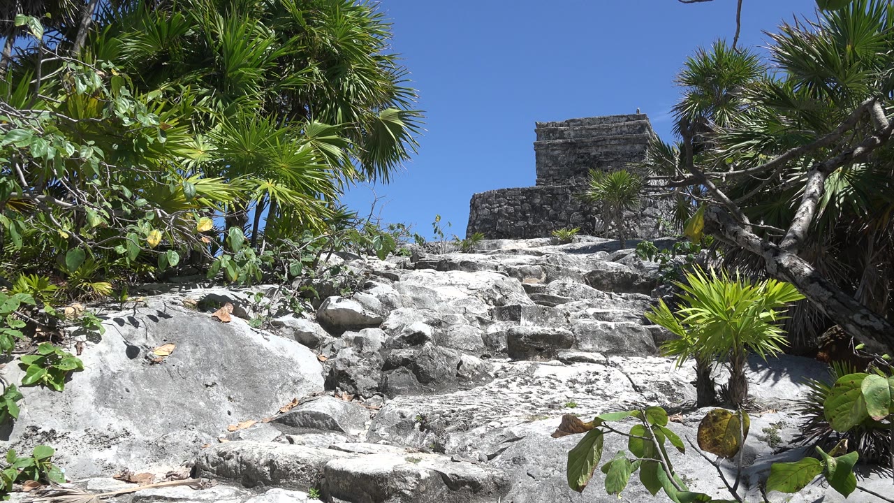 At 0:01, the same rocky path remains centered below the Tulum temple ruin, with palm leaves filling the upper edges and no visible people.