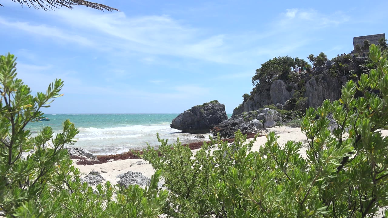 Low beach view with green shrubs, sand, rocks, surf, and blue sky.
