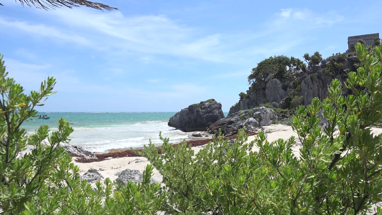 Tulum, Mexico beach view at 0:01 with leafy branches crossing more of the right foreground, white surf rolling onto sand, dark coastal rocks, a cliff-top stone structure, and no visible people.