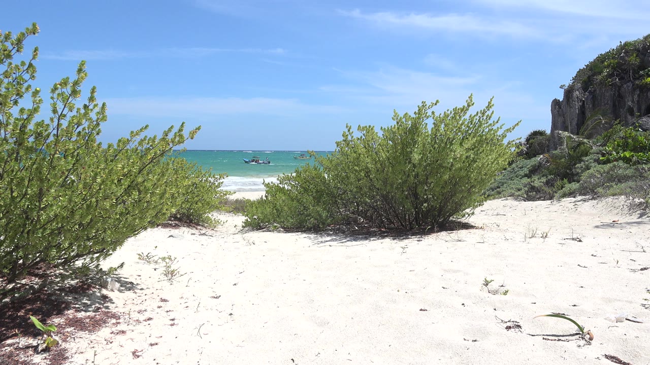 Tulum, Mexico beach view with white sand in front, green bushes across the middle, turquoise ocean behind them, a rock outcrop at right, and no visible people.
