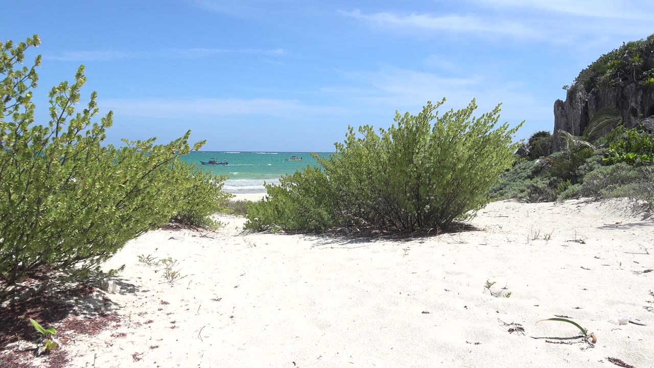 White sand beach with green shrubs, turquoise water, blue sky, and a rocky rise at right.