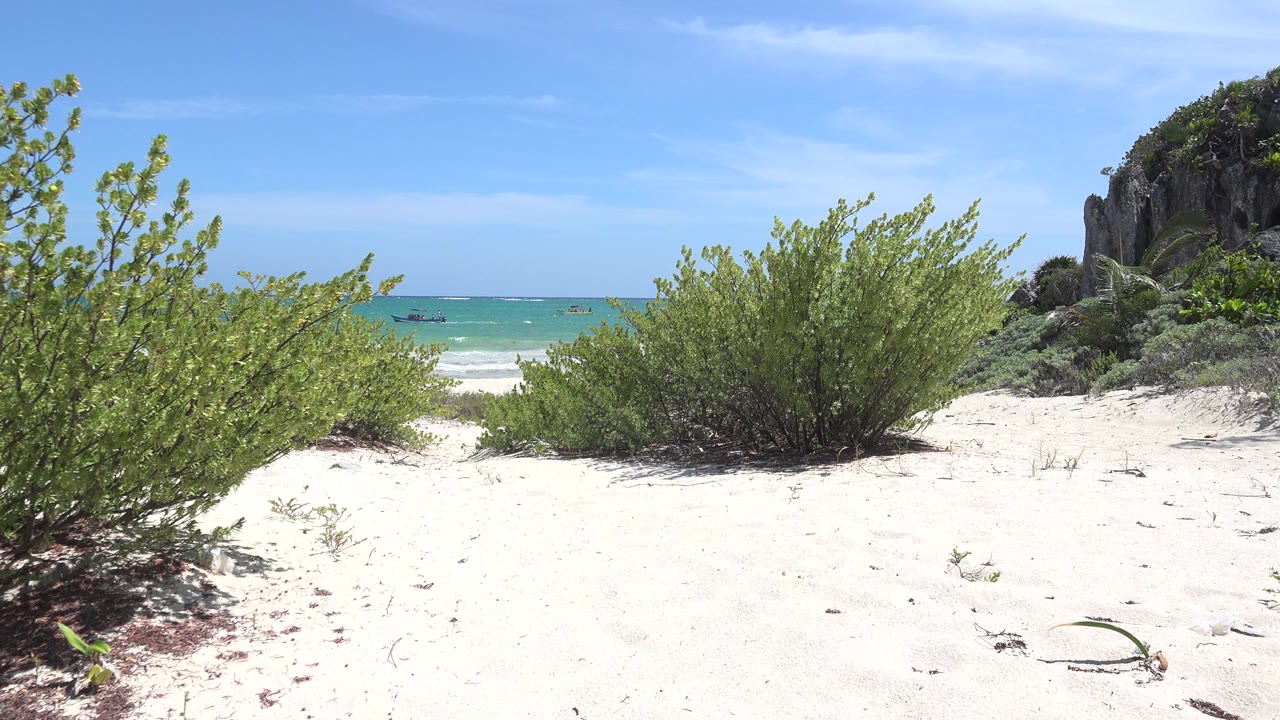 Second frame shows the same Tulum beach from ground level, with bright sand, dense green shrubs, a blue-green ocean band, thin cloud streaks, and no visible people.