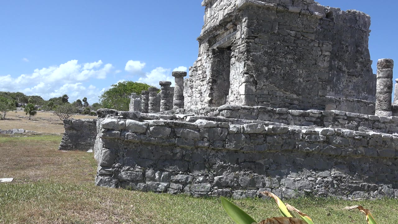 A weathered stone building and low wall stand in Tulum, Mexico, with dry grass, trees, blue sky, and no visible people at the opening frame.