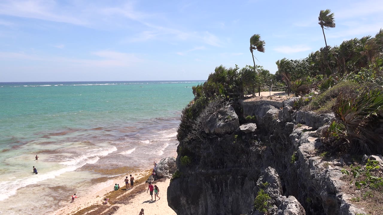 Rocky ocean cliff with palms above turquoise water and beach below.