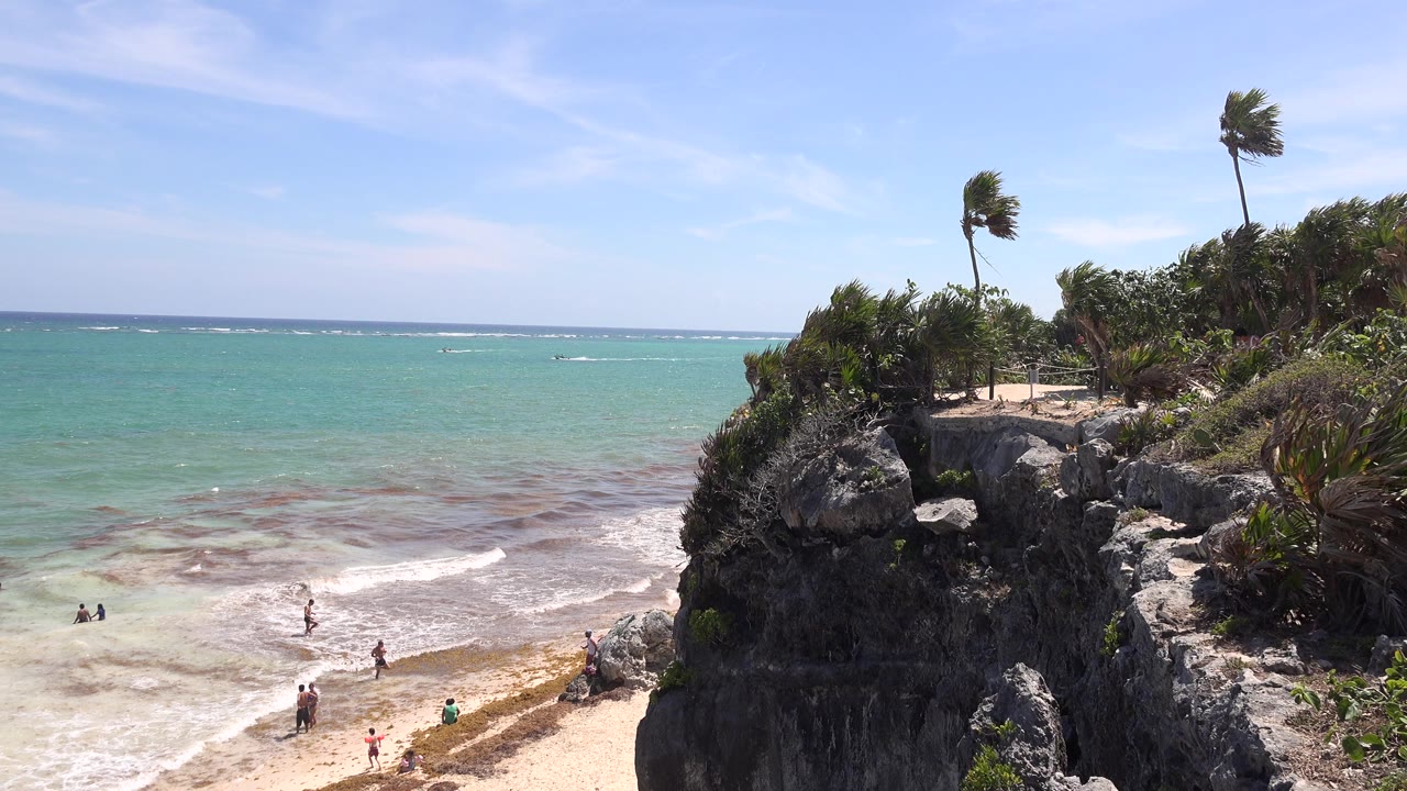 Beachgoers near shallow surf below a rocky cliff and palms.