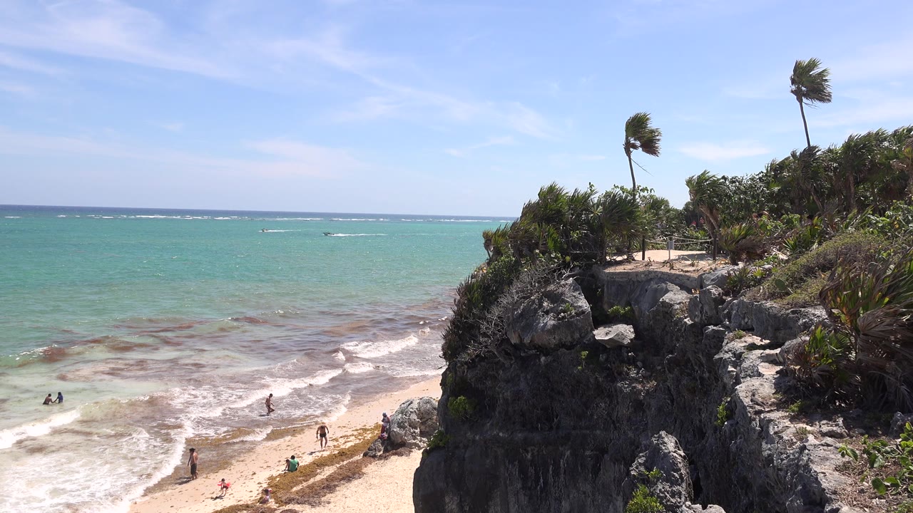 Rocky bluff with palms above a beach and turquoise water