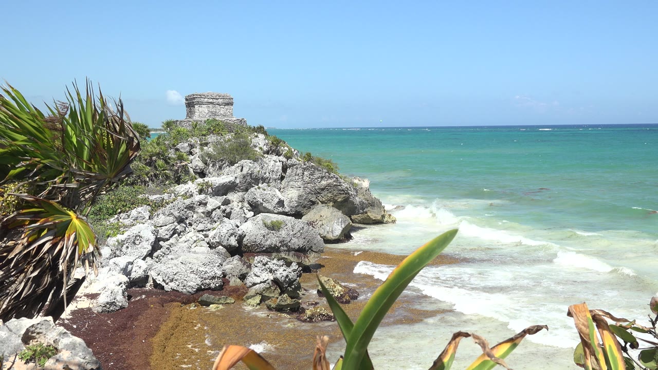 Rocky Tulum shoreline with coastal plants, turquoise water, and a small stone structure.