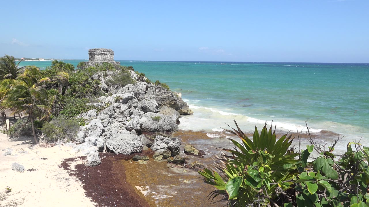Tulum, Mexico shoreline with gray rocks below a small stone structure, blue-green water, palm trees, foreground plants, and no visible people at the opening moment.