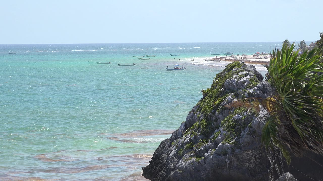 Rocky foreground and palm fronds overlook turquoise sea with boats offshore.