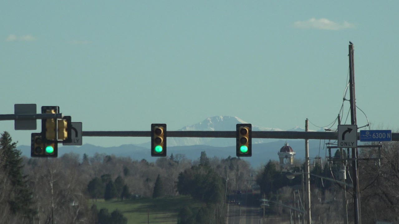 Green traffic lights over a distant road and trees