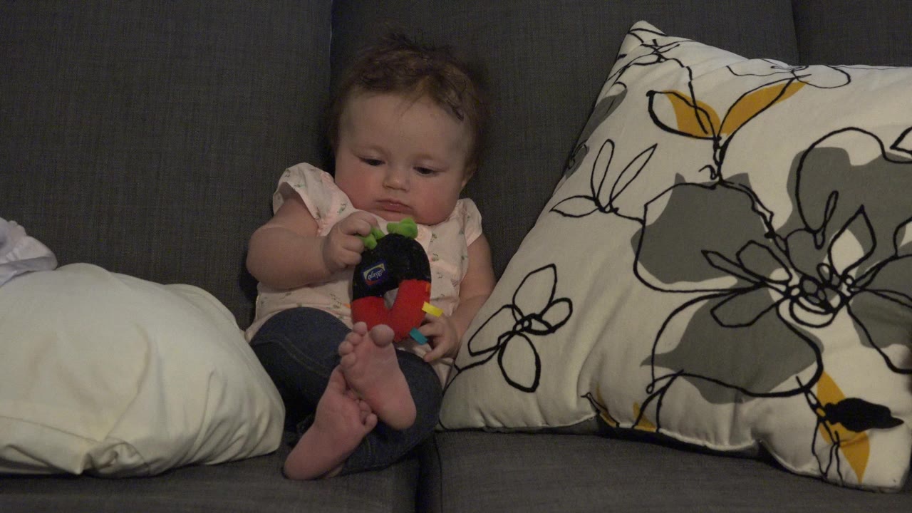 At 0:01 in Westminster, Colorado, the baby looks down toward the red toy while seated upright on the gray sofa beside the white and floral pillows.