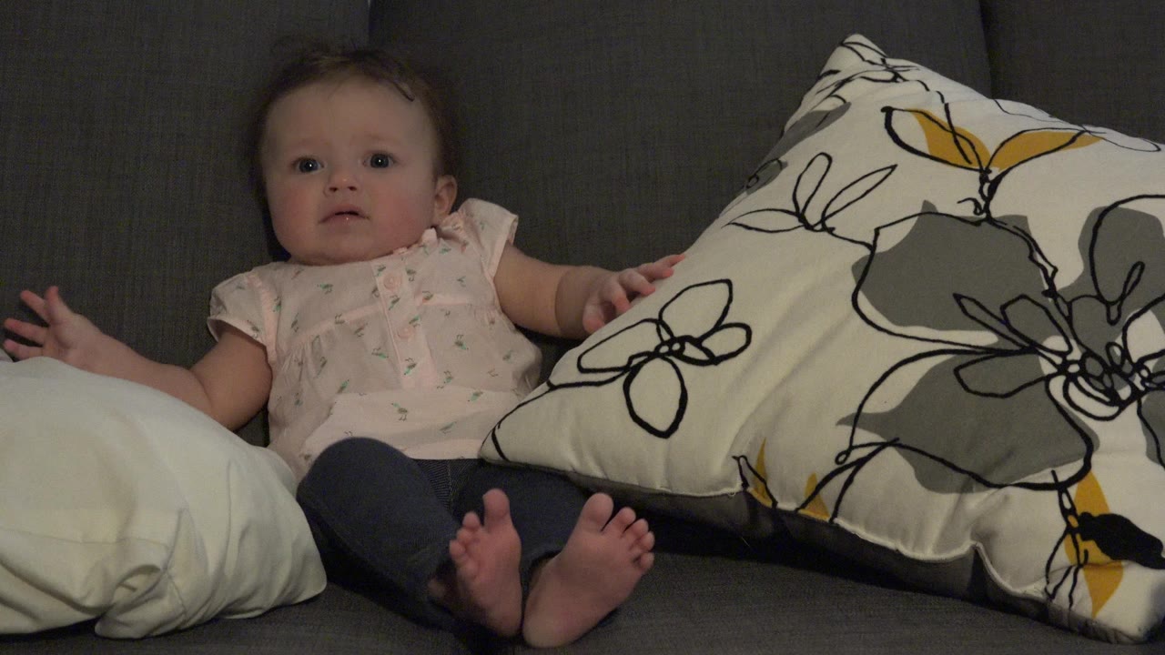 A baby sits upright on a dark gray sofa in Westminster, Colorado, with a pale pillow on the left and a large floral cushion on the right.